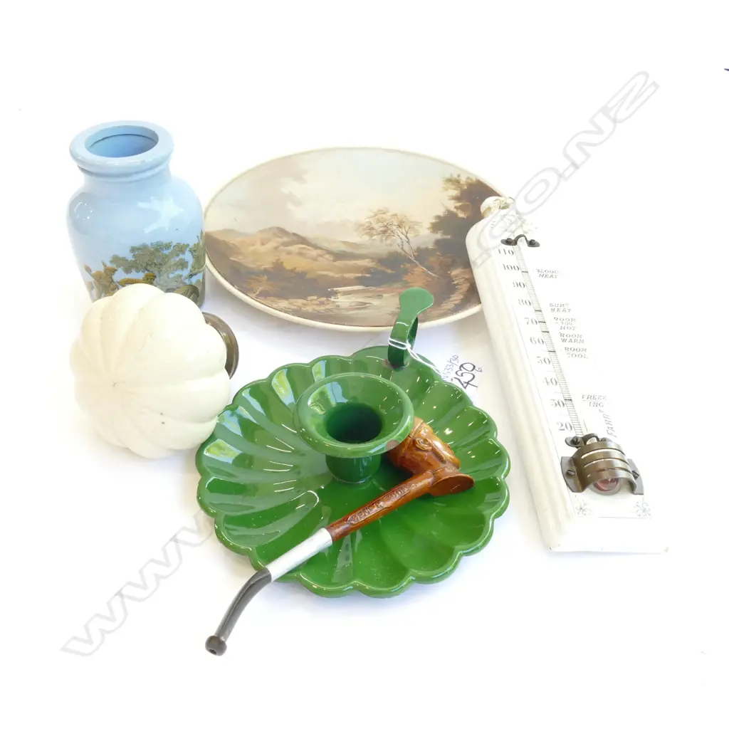 6 ASST ITEMS; OIL PAINT PLATE, ENAMEL CANDLEHOLDER, CERAMIC DOOR HANDLE, VICTORIAN THERMOMETER, SMALL POT Image 1++