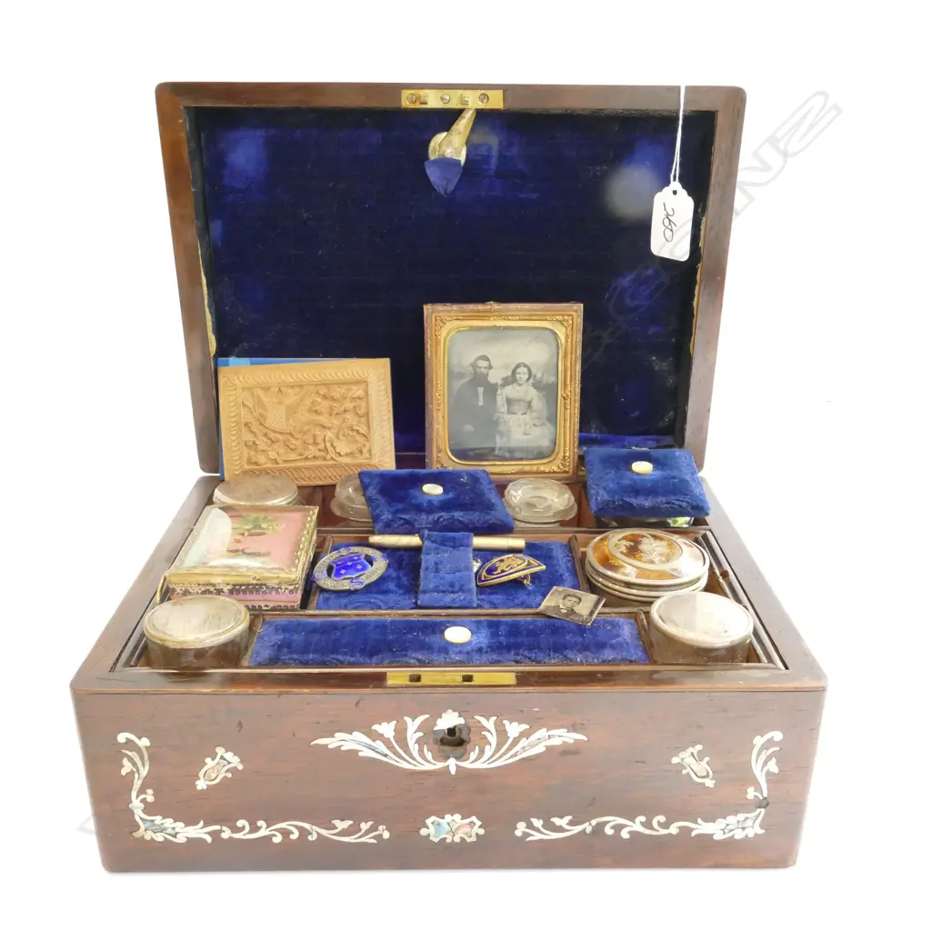 VICTORIAN ROSEWOOD DRESSING CASE w BOTTLES, JARS, ETC Image 1++