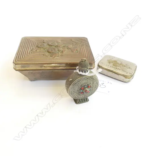 THREE METAL ITEMS, FILIGREE SILVER PERFUME BOTTLE...
