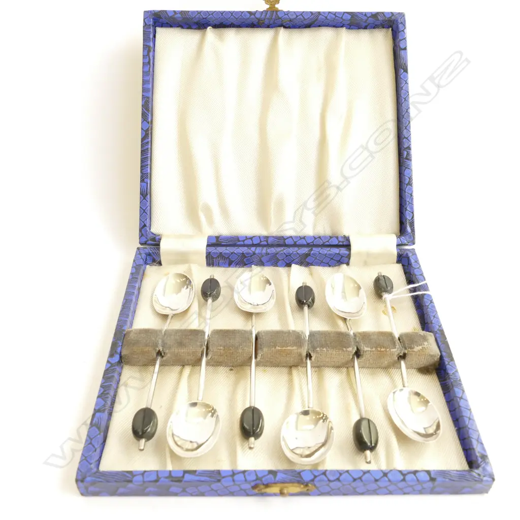 STG. SIL. 6 ART DECO COFFEE BEAN SPOONS IN BOX BIRMINGHAM 1929 Image 1++