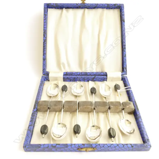 STG. SIL. 6 ART DECO COFFEE BEAN SPOONS IN BOX BIRMINGHAM 1929