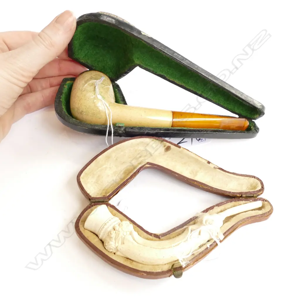 ANTIQUE MEERSCHAUM PIPE W/ AMBER STEM + ANOTHER FLORAL Image 1++