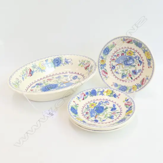 OVAL SERVING DISH & FOUR SAUCERS, MASON REGENCY PATTERN