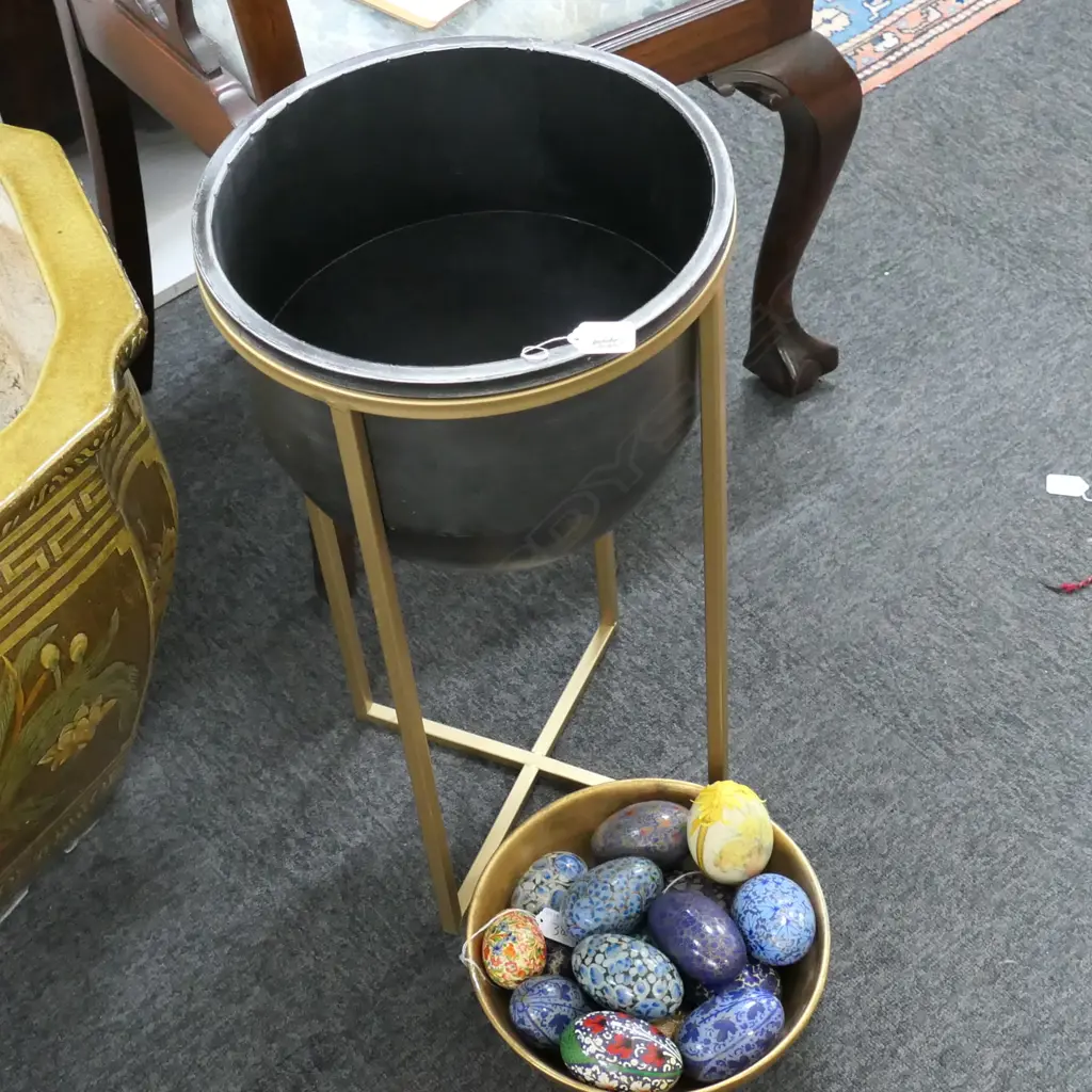 PLANT STAND, BOWL & ASST DECORATIVE EGGS Image 1++