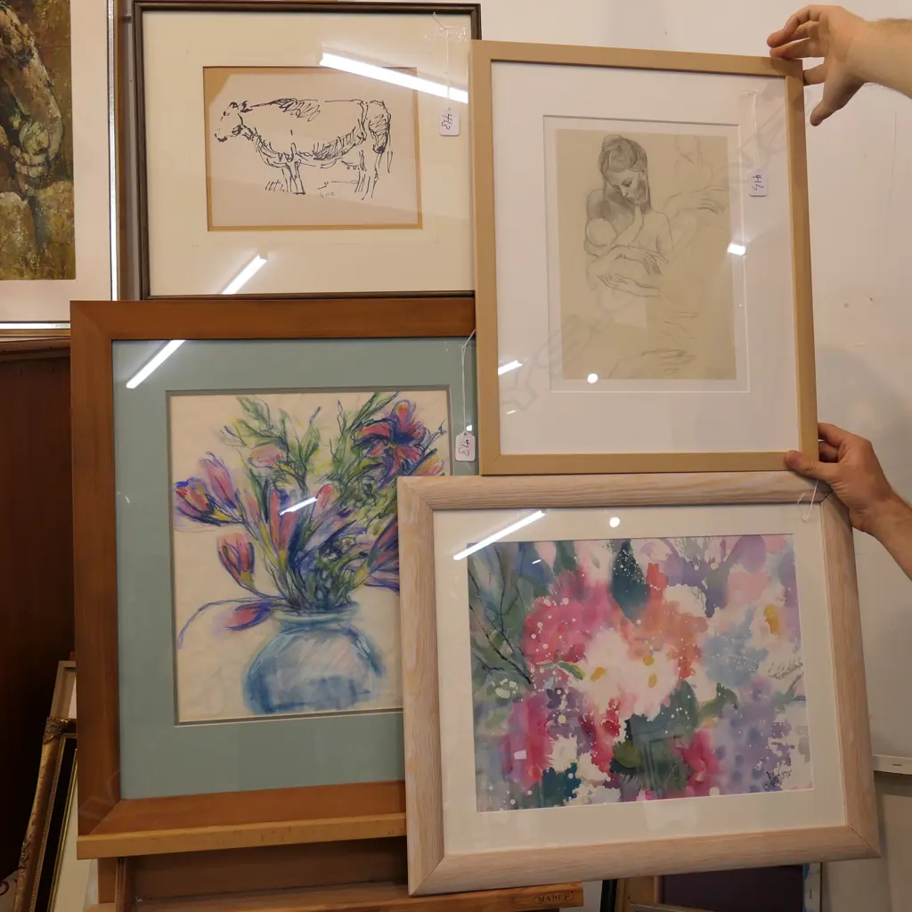 PICASSO PRINT/SKETCH OF COW/FLORAL W/C & A PASTEL Image 1++