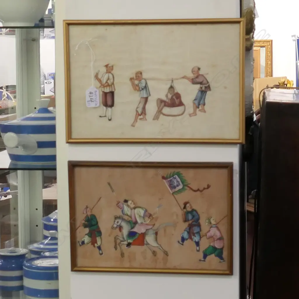 2 ASIAN PAINTINGS ON FABRIC LARGEST 220MM H X 320MM L Image 1++