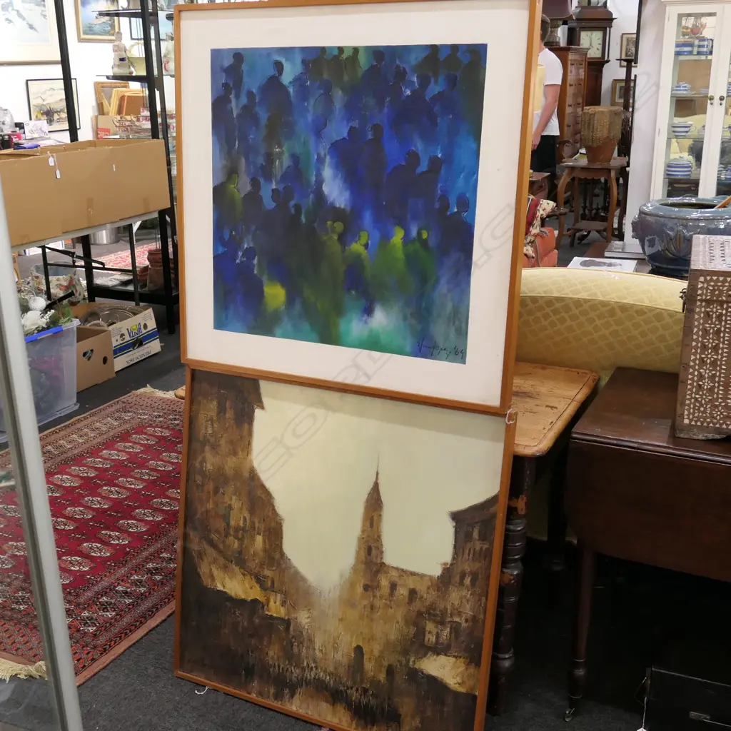 2 FRAMED ABSTRACT PAINTINGS - LANDSCAPE/FIGURATIVE LARGEST 780 X 780MM Image 1++