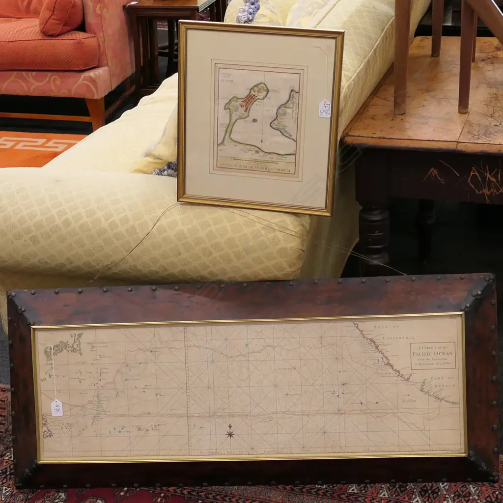 OLD PACIFIC OCEAN CHART (FRAME: 445 X 1050MM) + ANTIQUE H/C MAP MACAU PORT Image 1++