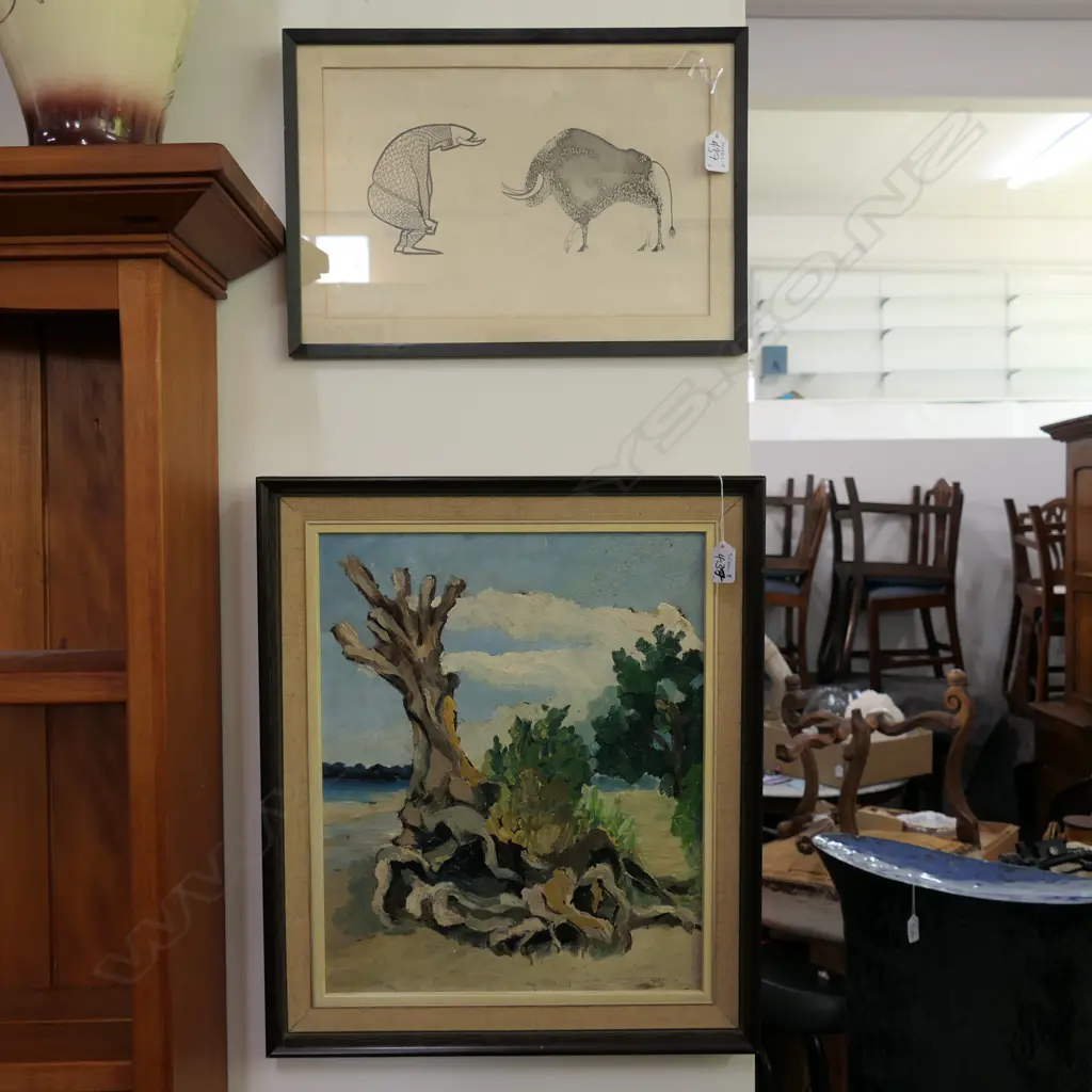 2 WORKS by DAVID KENNEDY, OIL, LANDSCAPE WITH TREE TRUNK. 415 x 340mm & INK DRAWING LOCKING HORNS Image 1++