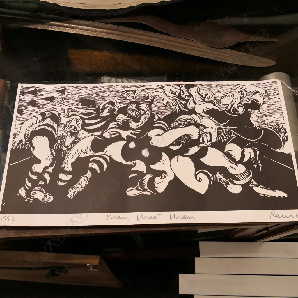 REMO WOODBLOCK PRINT 'MAN MEET MAN' Image 1++