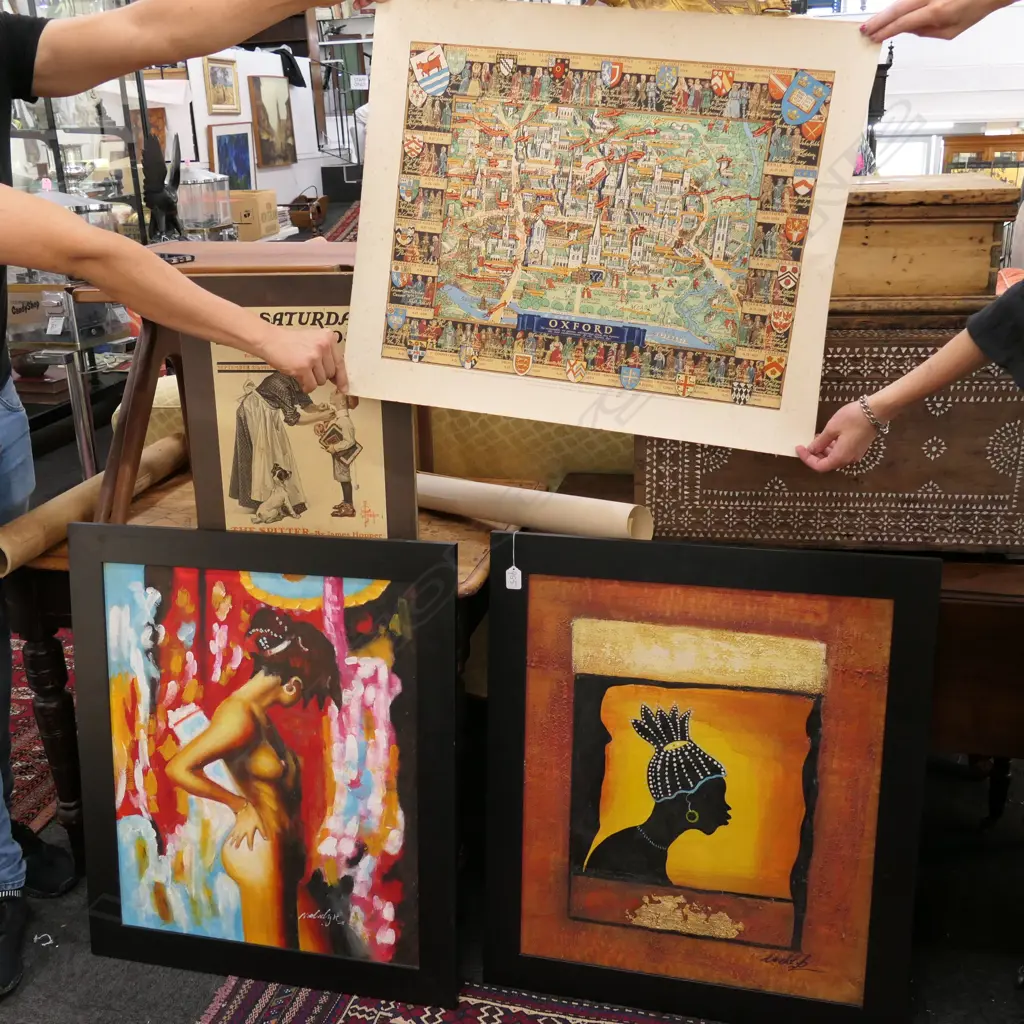 4 ARTWORKS; MAP OF OXFORD, 2 CONTEMPORARY ACRYLICS, SAT EVE POST PRINT  Image 1++