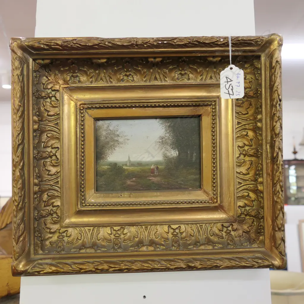 GILT FRAMED MINIATURE OIL ON BD, EUROPEAN LANDSCAPE Image 1++