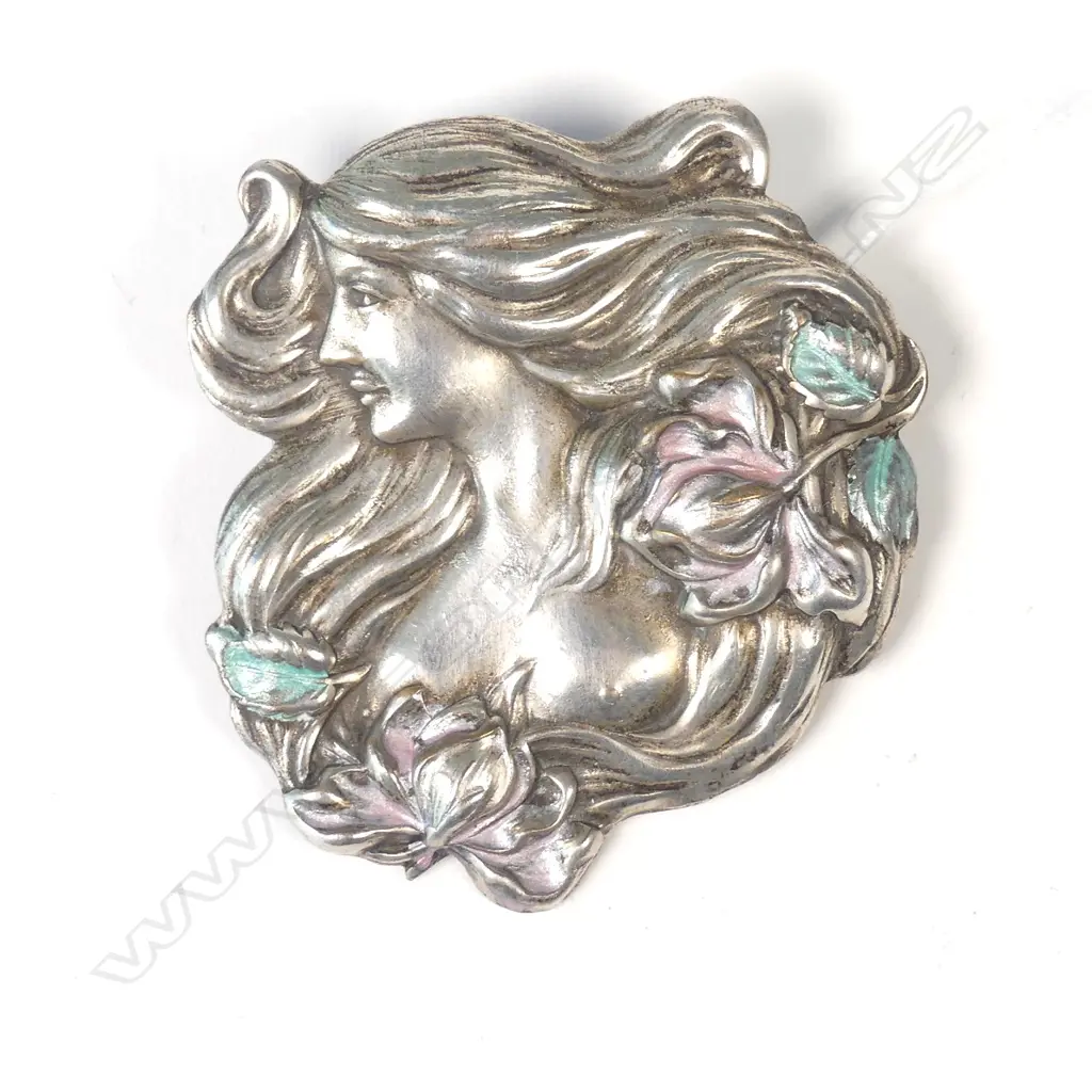 S/PLATE ART NOUVEAU ENAMEL MAIDEN BROOCH Image 1++