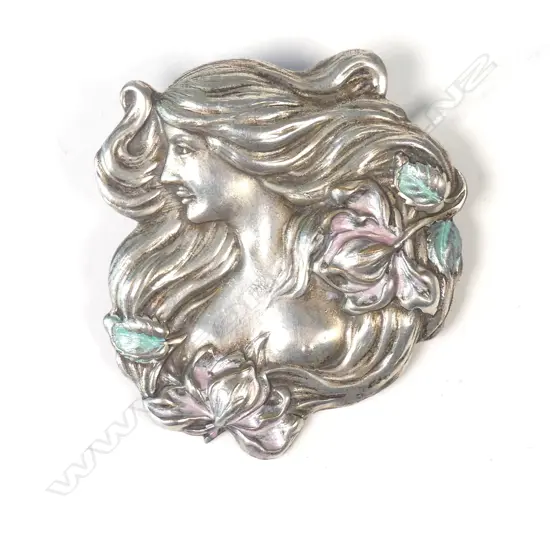 S/PLATE ART NOUVEAU ENAMEL MAIDEN BROOCH