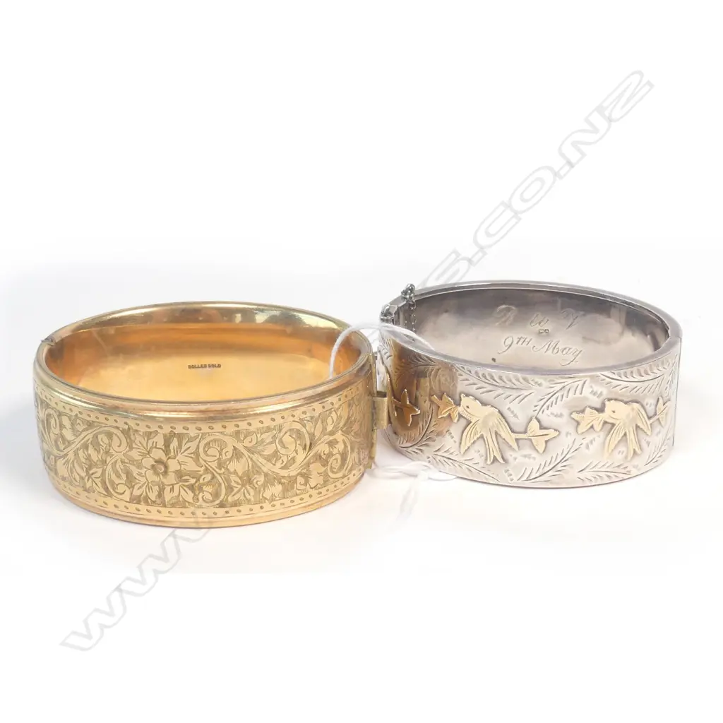 2 VINTAGE HINGED BANGLES SILVER & 'ROLLED GOLD' Image 1++