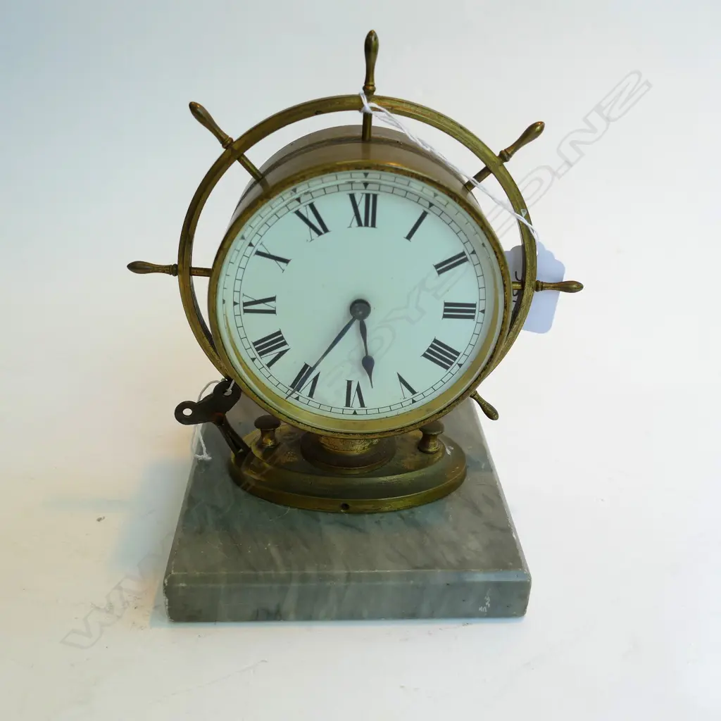 ANTIQUE BRASS CASED SHIPS WHEEL CLOCK ON MARBLE BASE W/ KEY Image 1++