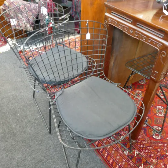 SIX BLACK WIRE DINING CHAIRS WITH SQUABS