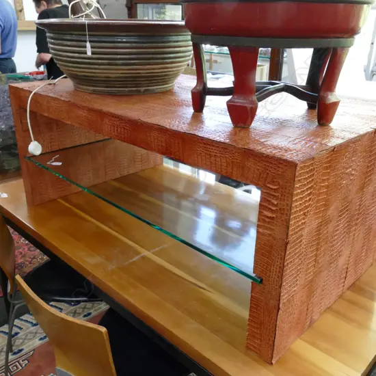 COFFEE TABLE LEATHER WITH GLASS SHELF 1220MM L 710MM D