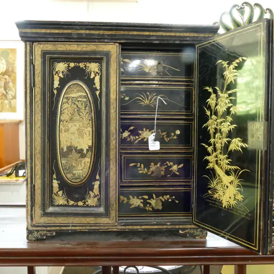 SMALL BLACK LACQUER CABINET 410MM W 445MM H