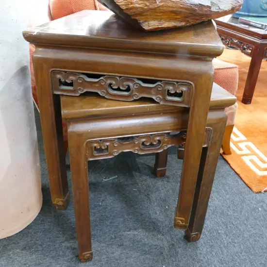 2 ORIENTAL CARVED SQUARE END TABLES 415 MM SQ 520MM H MINOR FAULTS