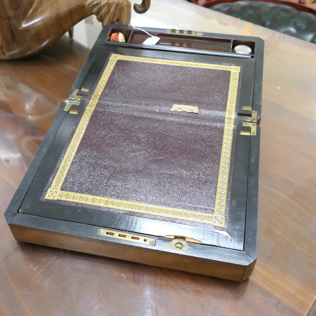 VICTORIAN WALNUT WRITING SLOPE w EBONY & IVORY INLAID LID Image 1++