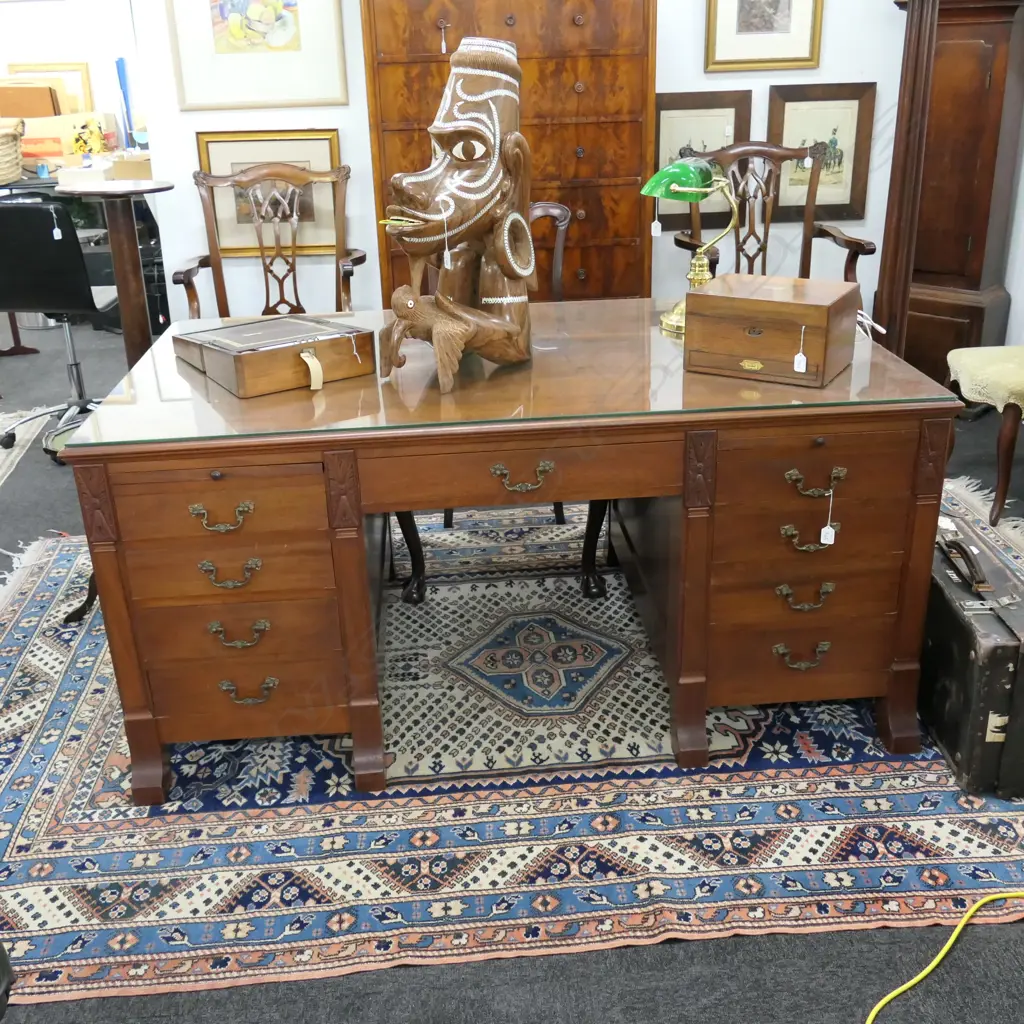 1940'S MAHOGANY PARTNERS DESK glass top ... Image 1++