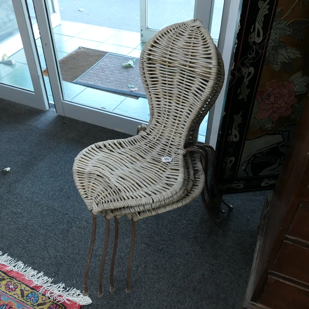 FOUR 3 LEGGED IRON AND WICKER SIDE CHAIRS Image 1++