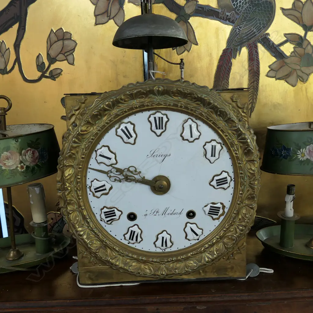 19TH FRENCH BRASS/ENAMEL CLOCKFACE + MECHANISM Image 1++