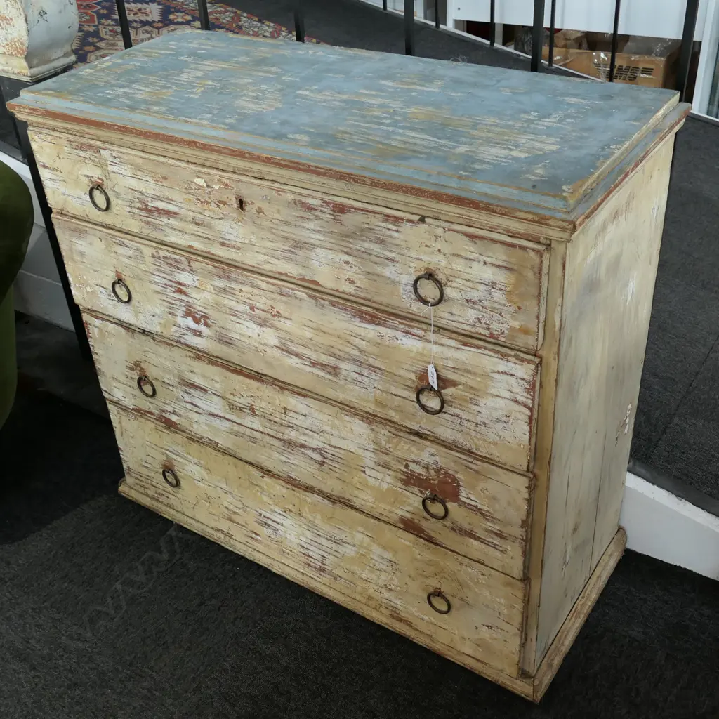 FRENCH COUNTRY PINE 4 DRAWER CHEST OF DRAWERS - DISTRESSED FINISH W. 990MM Image 1++