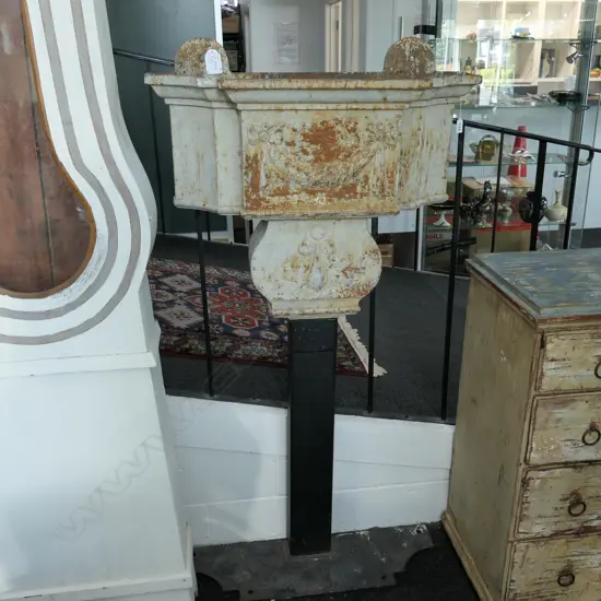 LARGE GEORGIAN CAST IRON RAINWATER HOPPER W/ CUSTOM STAND H. INCL. STAND 1460MM