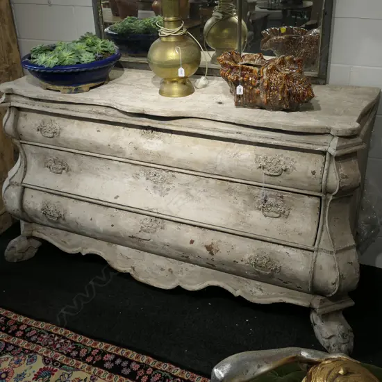 EARLY 19THC FRENCH DISTRESS PAINTED LARGE BOMBE COMMODE