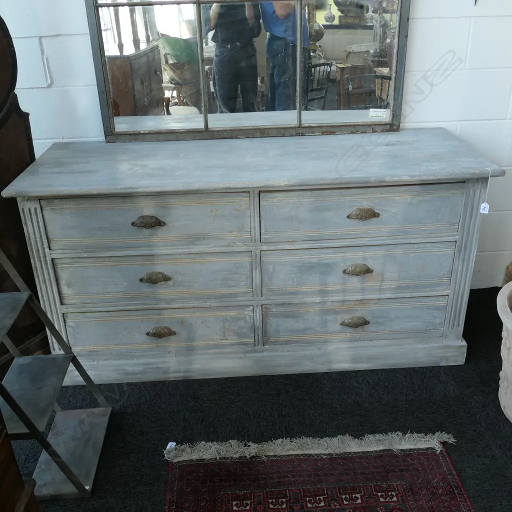 19THC FRENCH ANTIQUE DISTRESSED FINISH 6 DRAWER LOWBOY W. 1590MM Image 1++