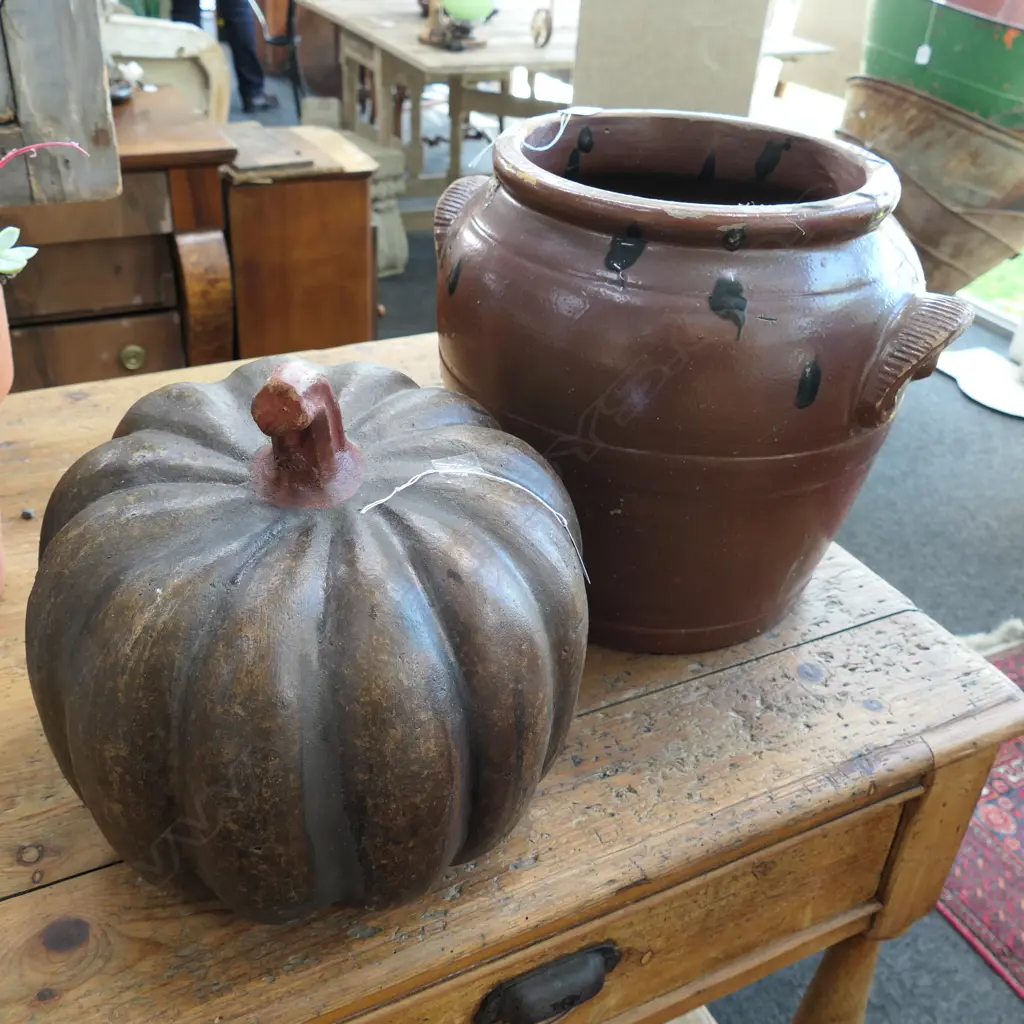 LARGE MELON FRUIT AND LARGE BROWN CROCK POT Image 1++