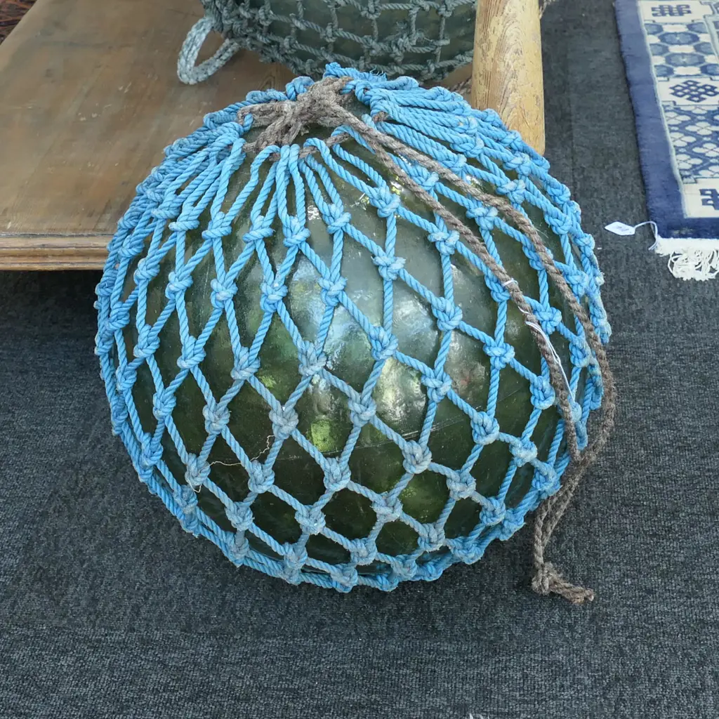 OLD LARGE GLASS FISHING FLOAT WITH NETTING... Image 1++