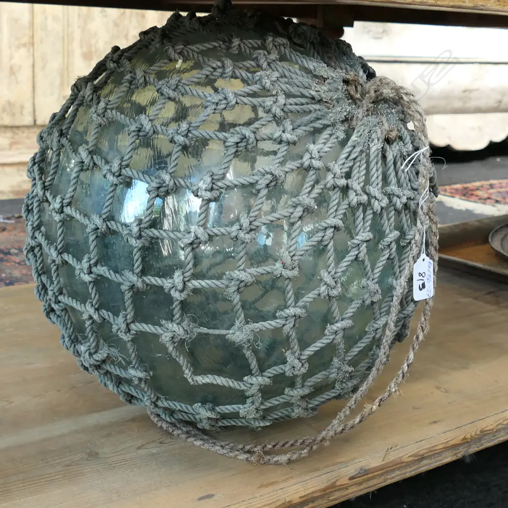 OLD LARGE GLASS FISHING FLOAT WITH NETTING... Image 1++
