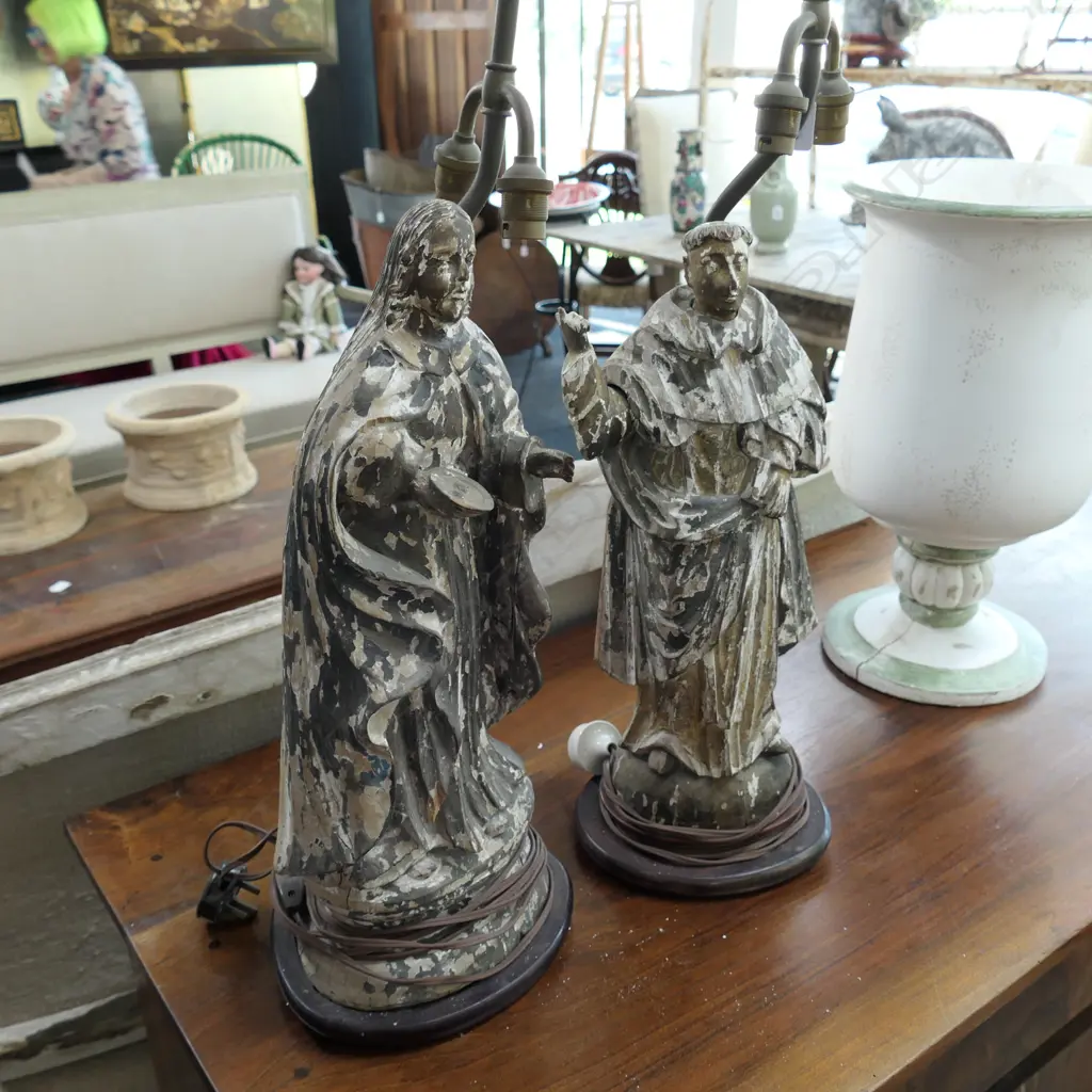 PR OF VINTAGE CARVED WOOD SAINT FIGURES CONVERTED TO LAMPS Image 1++