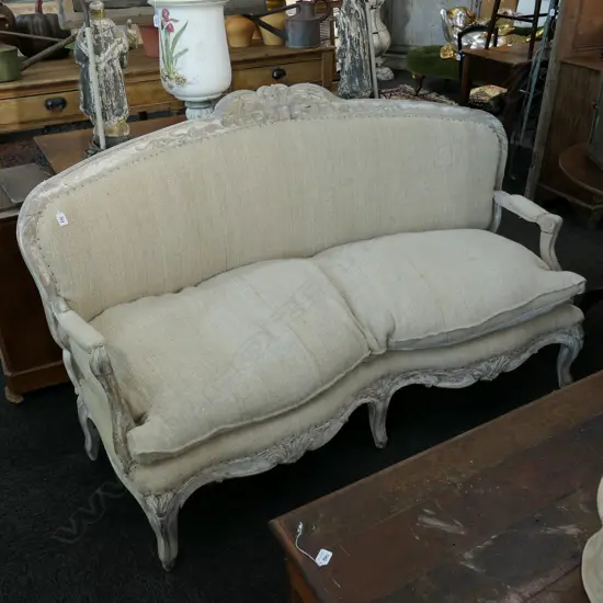 FRENCH ANTIQUE STYLE OPEN ELBOW SETTEE DISTRESSED W. 1700MM