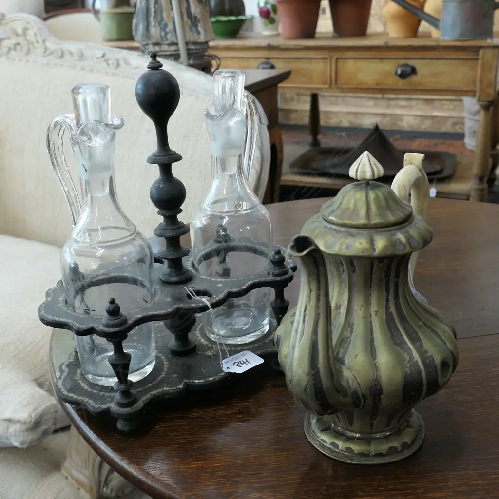 MOP STAND W/ TWO BOTTLES + EP TEAPOT IVORY HANDLE AND KNOB Image 1++