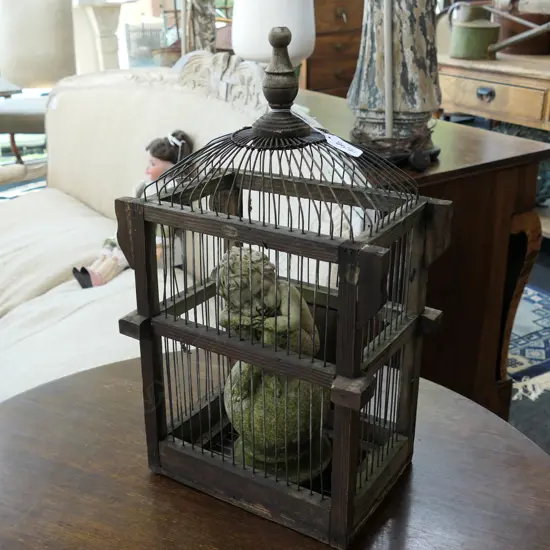 VINTAGE BIRD CAGE WITH SLEEPING CHERUB