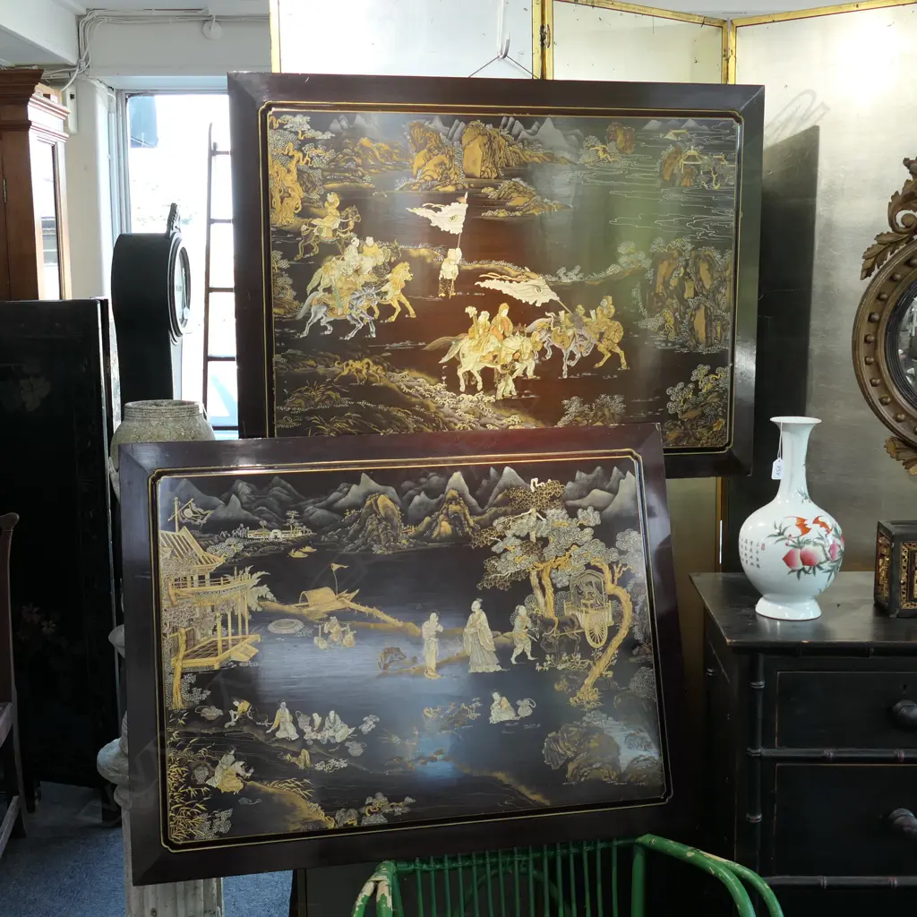 PR PAINTED JAPANESE SCENES ON DECORATIVE WOODEN PANELS 760 X 1020MM Image 1++