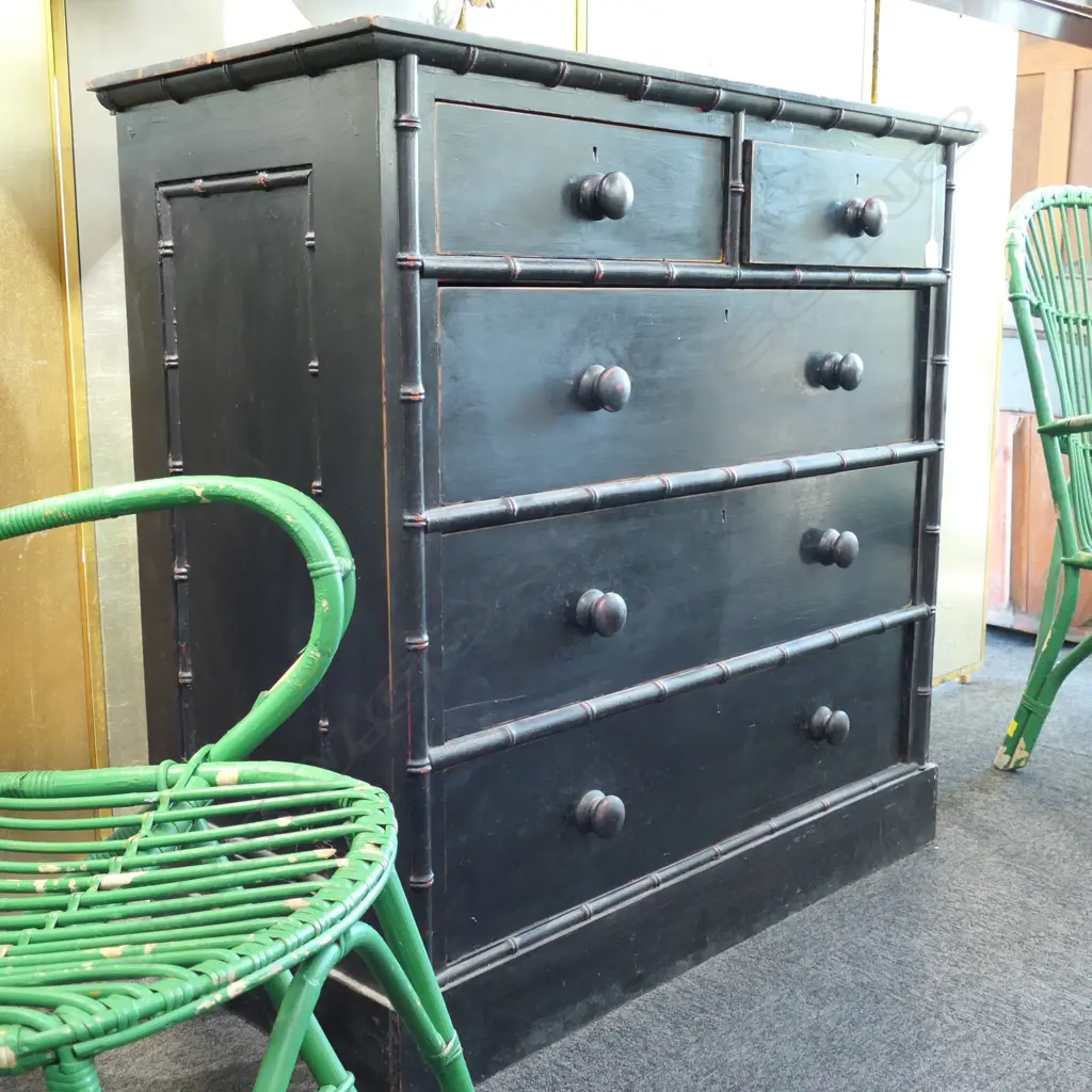 FRENCH FAUX BAMBOO DISTRESSED CHINOISERIE BLACK PAINTED CHEST OF DRAWERS W. 1030MM Image 1++