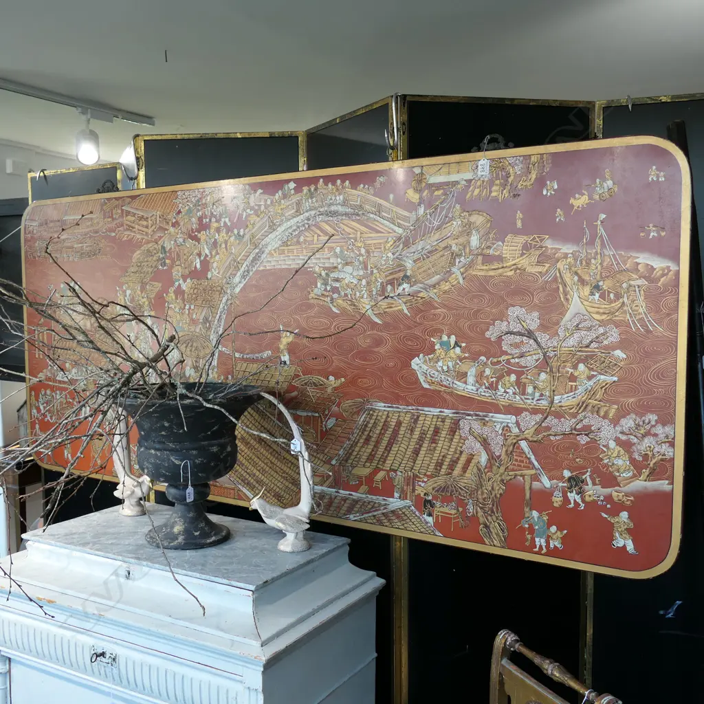 LARGE RED LACQUER PANEL DEPICTING ORIENTAL RIVER SCENE 2130 MM W X 915MM H Image 1++