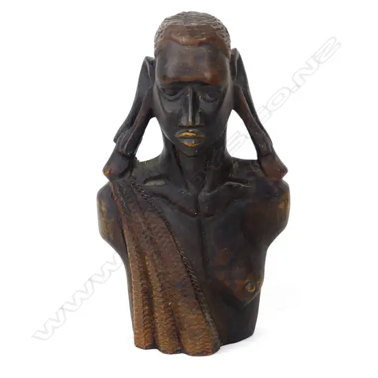 A carved wood portrait bust of a Maasai woman