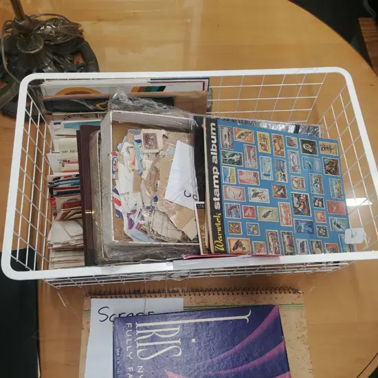 BASKET OF LOOSE STAMPS, FIRST DAY COVERS ETC