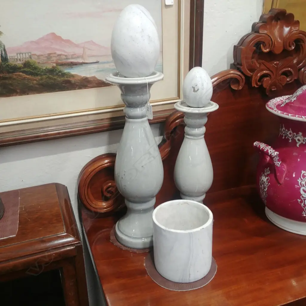 2 GREY CRACKLE GLAZE STANDS W/ EGGS + POT Image 1++