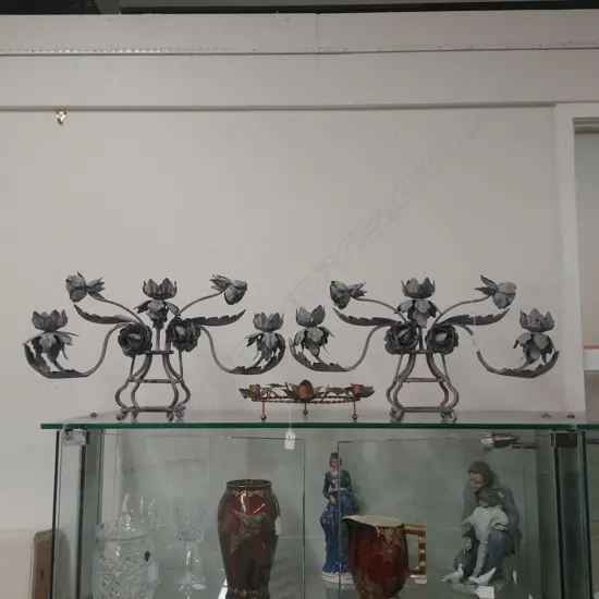 PR METAL ROSE CANDELABRA + GILT CANDLE HOLDER