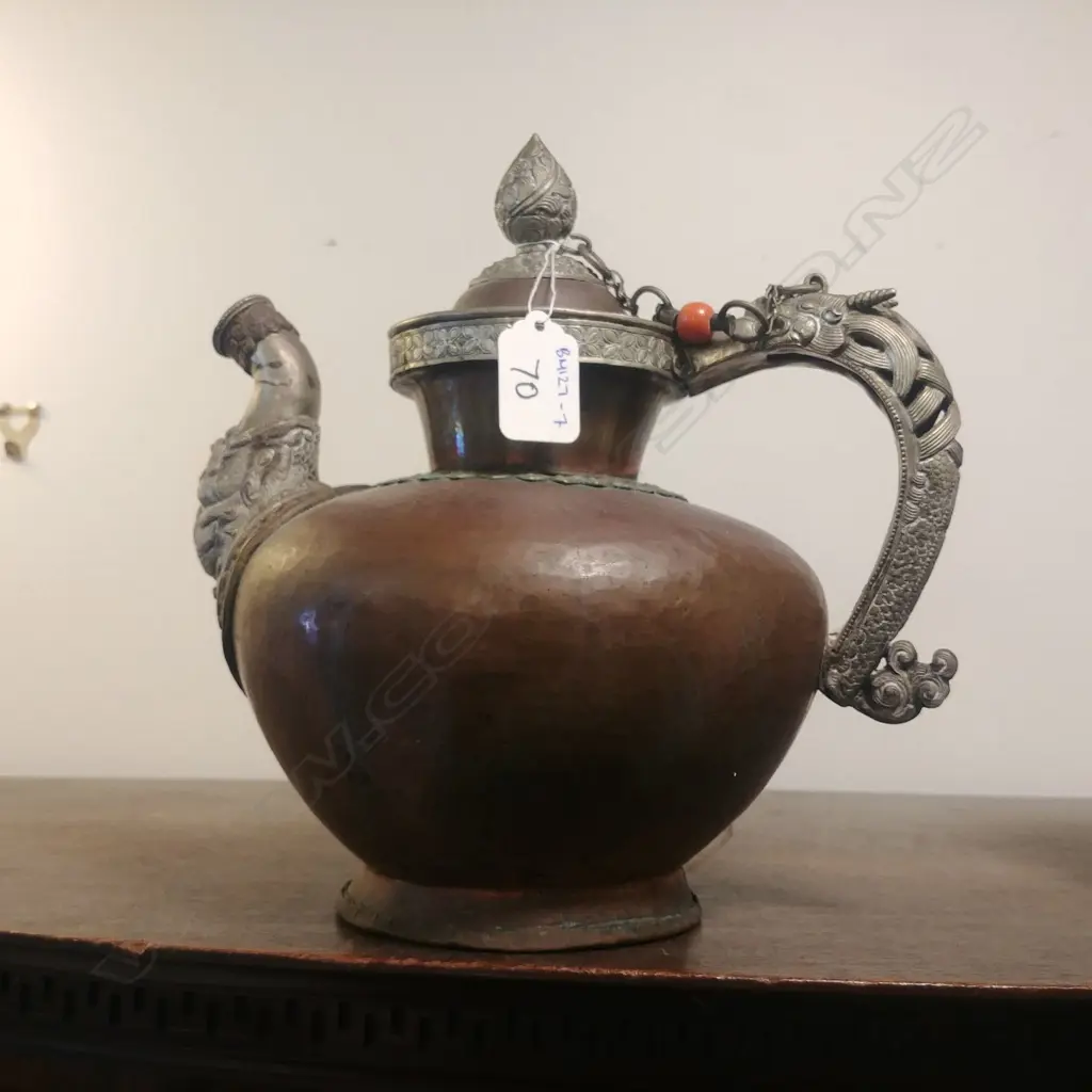 TIBETAN GHEE TEAPOT W. SILVER DETAILING Image 1++