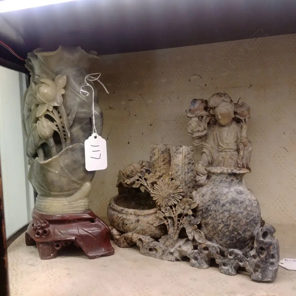 CHINESE SOAPSTONE FIGURE & 2 VASES Image 1++