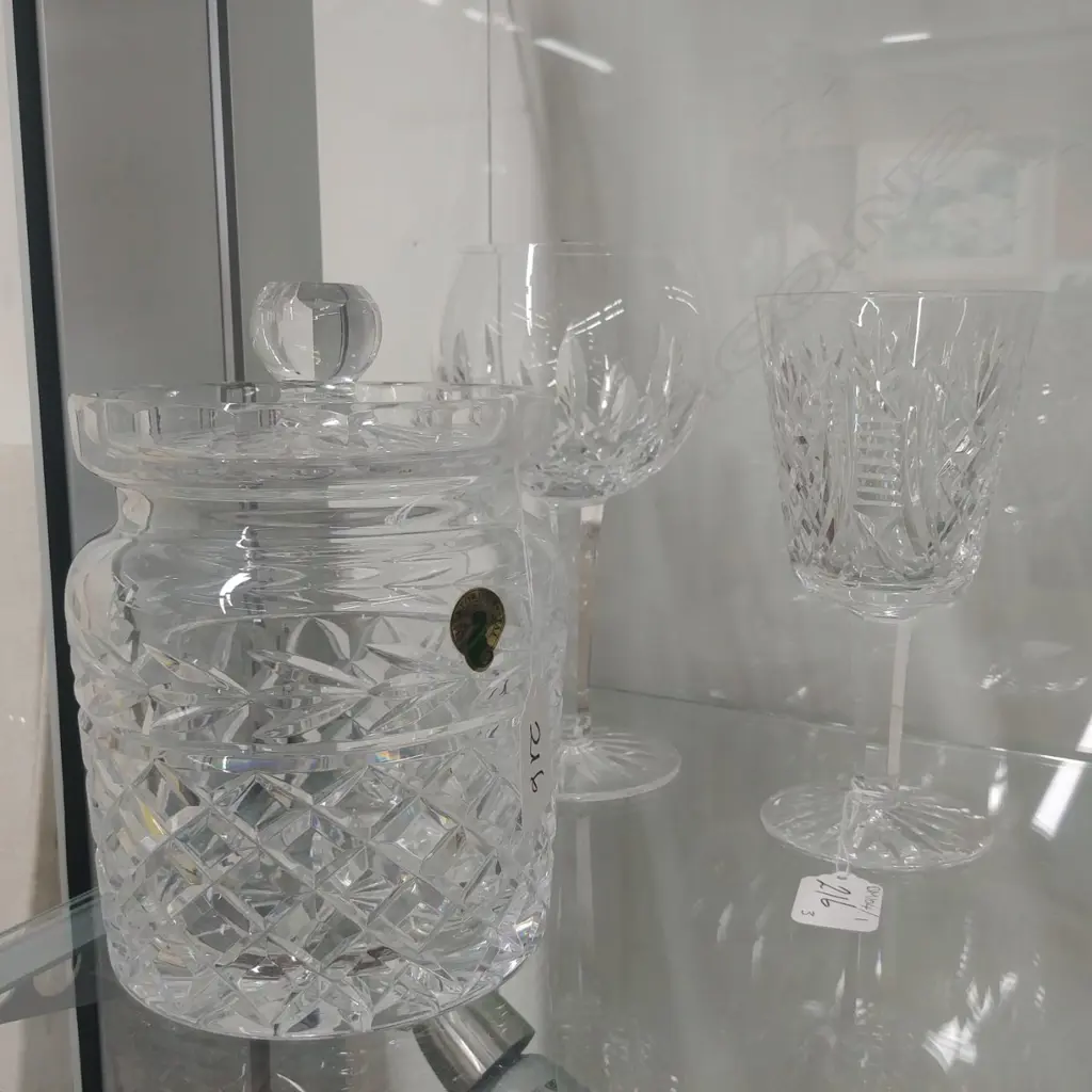 WATERFORD CRYSTAL BISCUIT BARREL; 2 LARGE WINE GOBLETS Image 1++