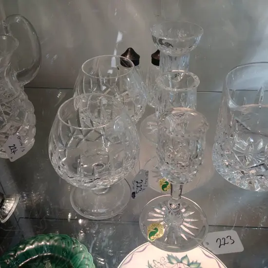 WATERFORD CRYSTAL CANDLE STICKS; BRANDY BALLOONS; S.P. SHAKERS